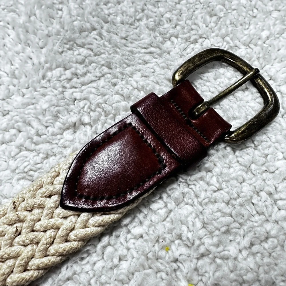 Men’s Woven Belt Braided Cream Cord, Leather Trim, Solid‎ Brass Buckle, 28